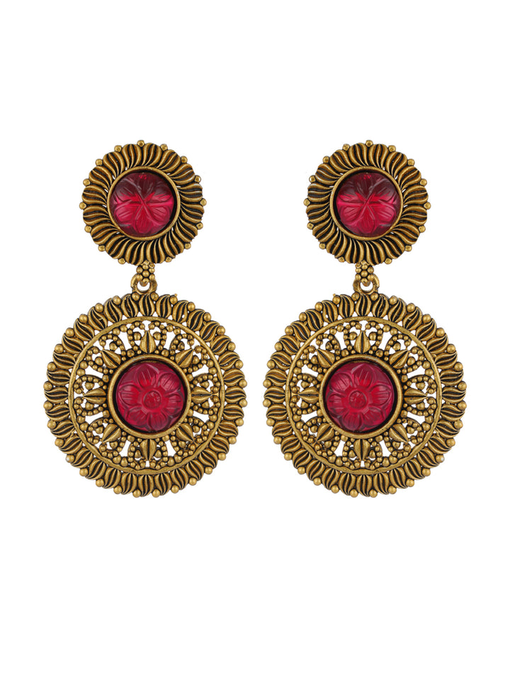 Priyaasi Red Round Floral Gold-Plated Drop Earrings