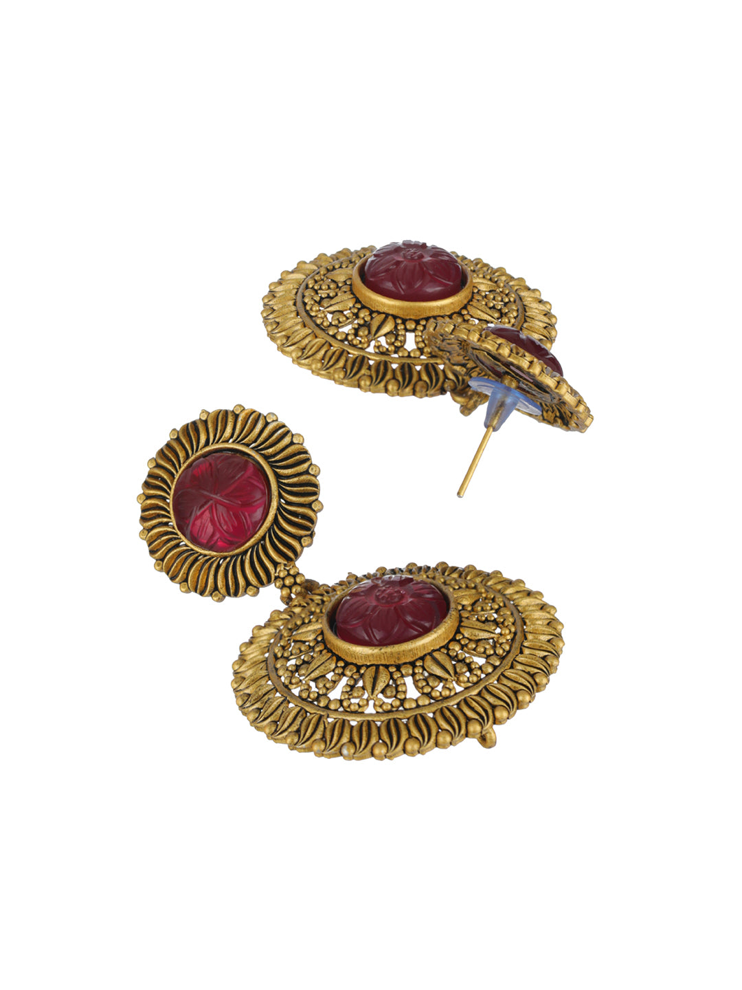 Priyaasi Red Round Floral Gold-Plated Drop Earrings