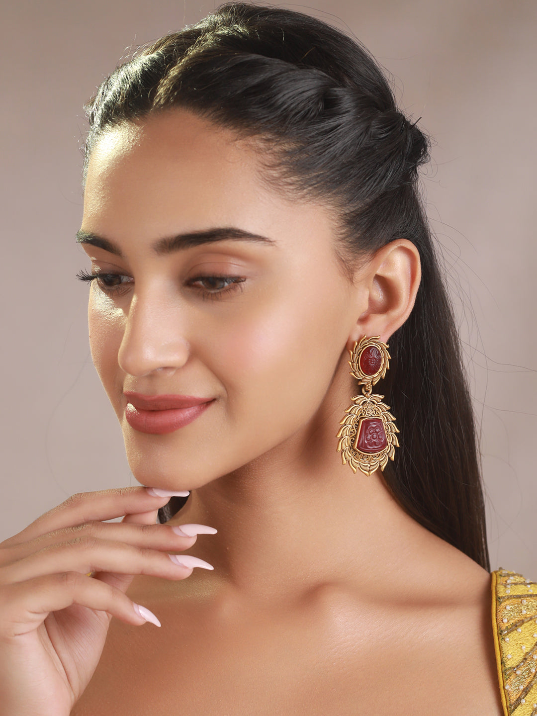 Priyaasi Studded Red Floral Gold-Plated Earrings
