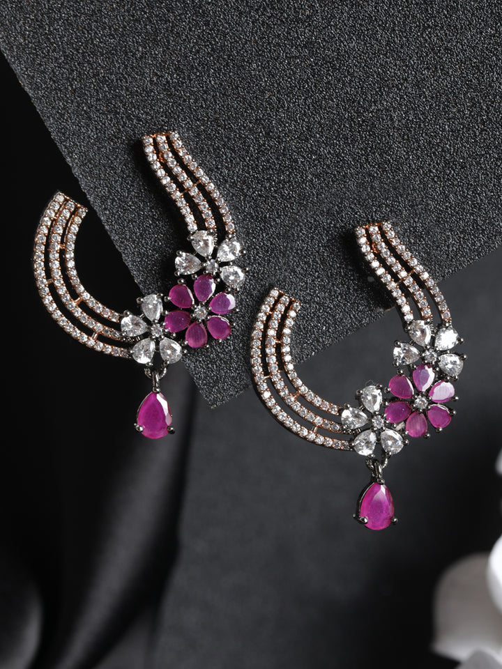 Priyaasi Purple Floral AD Gunmetal-Plated Drop Earrings