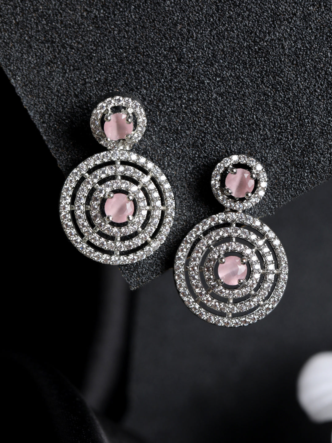 Priyaasi Pink Round Halo AD Silver-Plated Drop Earrings