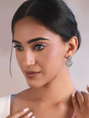 Priyaasi Pink Round Halo AD Silver-Plated Drop Earrings