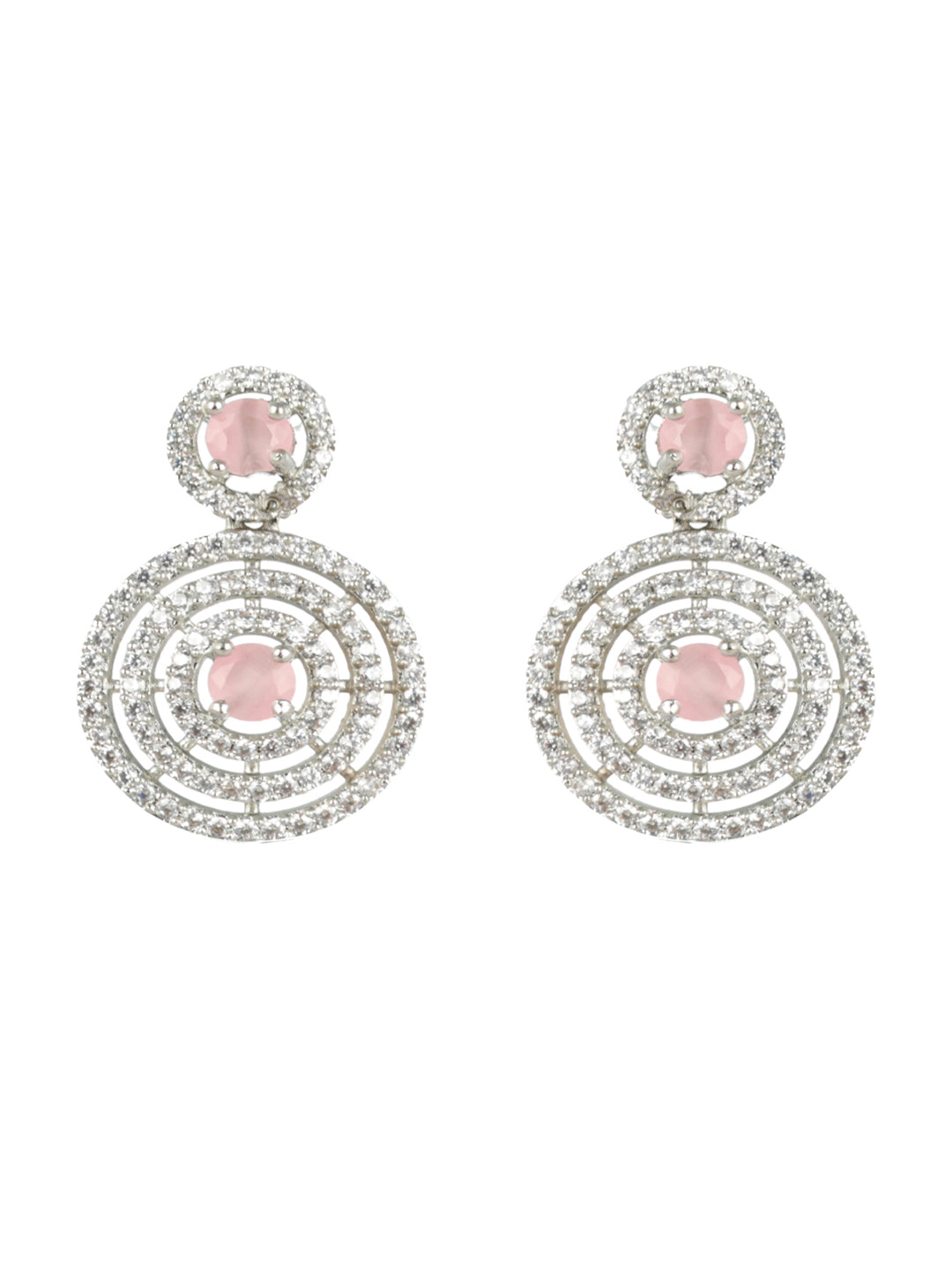 Priyaasi Pink Round Halo AD Silver-Plated Drop Earrings