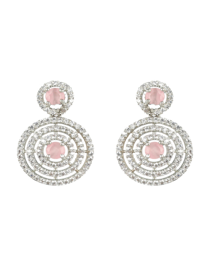 Priyaasi Pink Round Halo AD Silver-Plated Drop Earrings