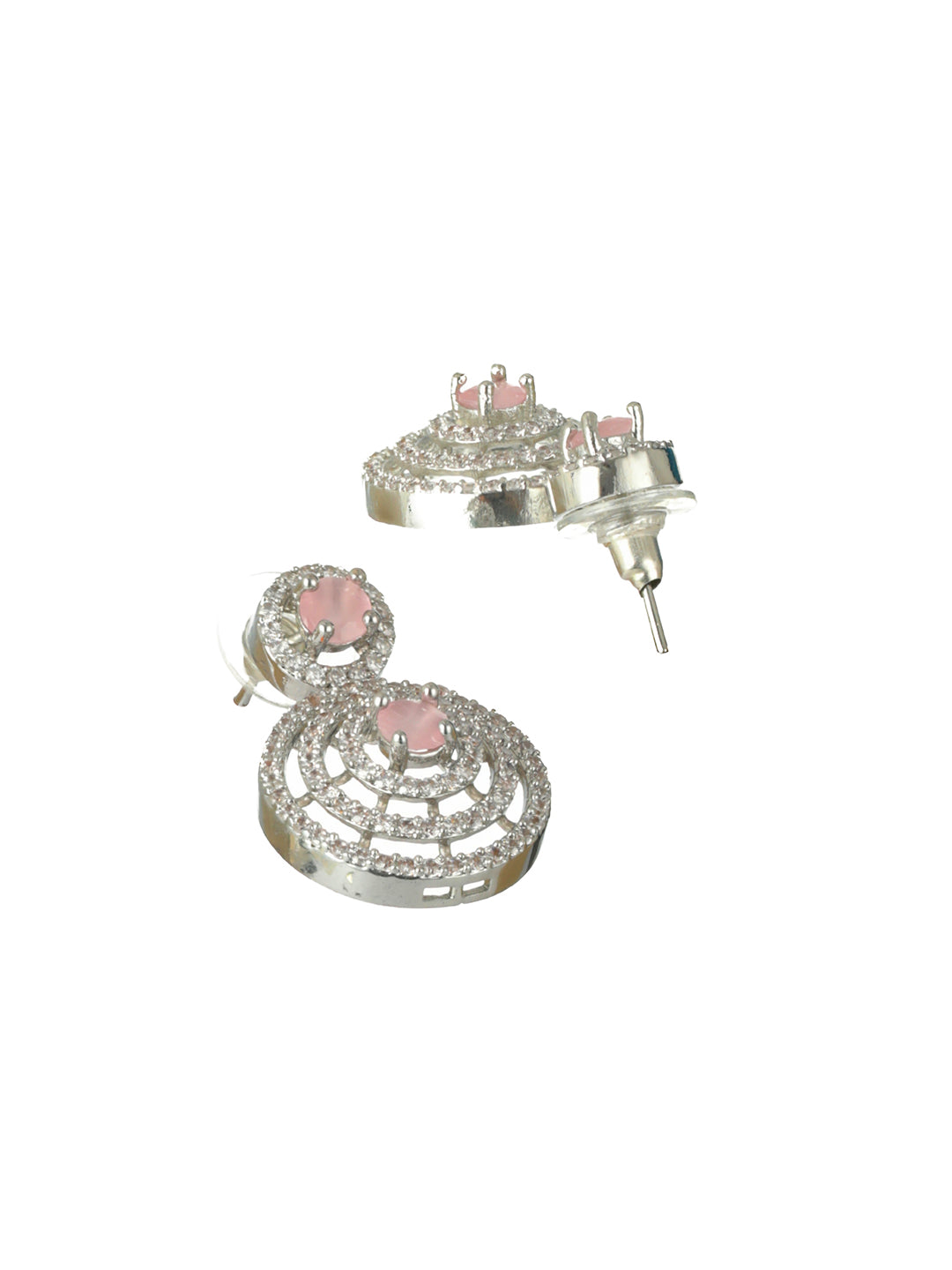 Priyaasi Pink Round Halo AD Silver-Plated Drop Earrings