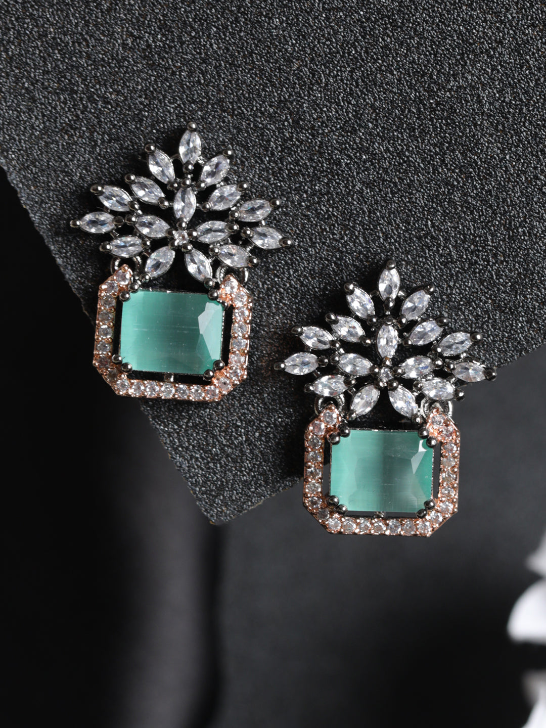 Priyaasi Floral Mint Green AD Rose Gold-Plated Earrings