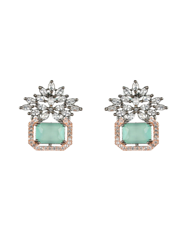 Priyaasi Floral Mint Green AD Rose Gold-Plated Earrings