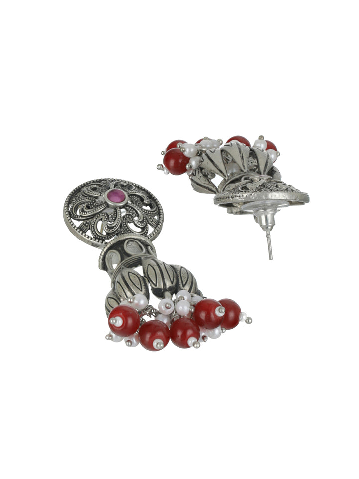Priyaasi Red Floral Oxidised Silver Drop Earrings