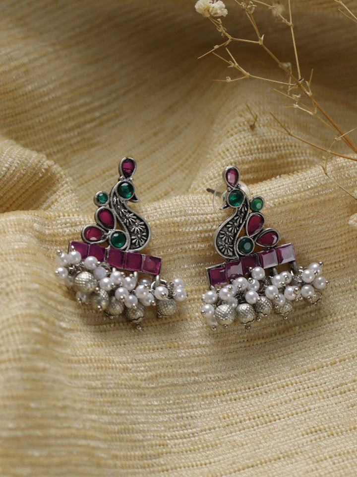 Priyaasi Multicolor Studded Peacock Pearl Drop Earrings