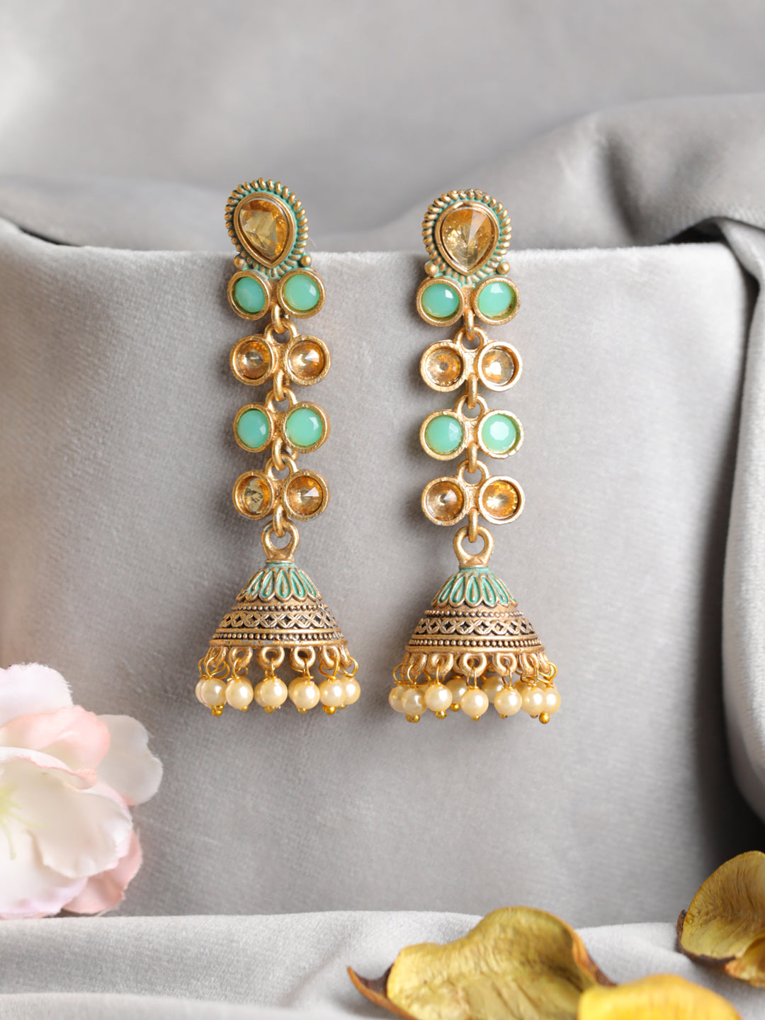 Priyaasi Studded Mint Green Gold-Plated Jhumka Earrings