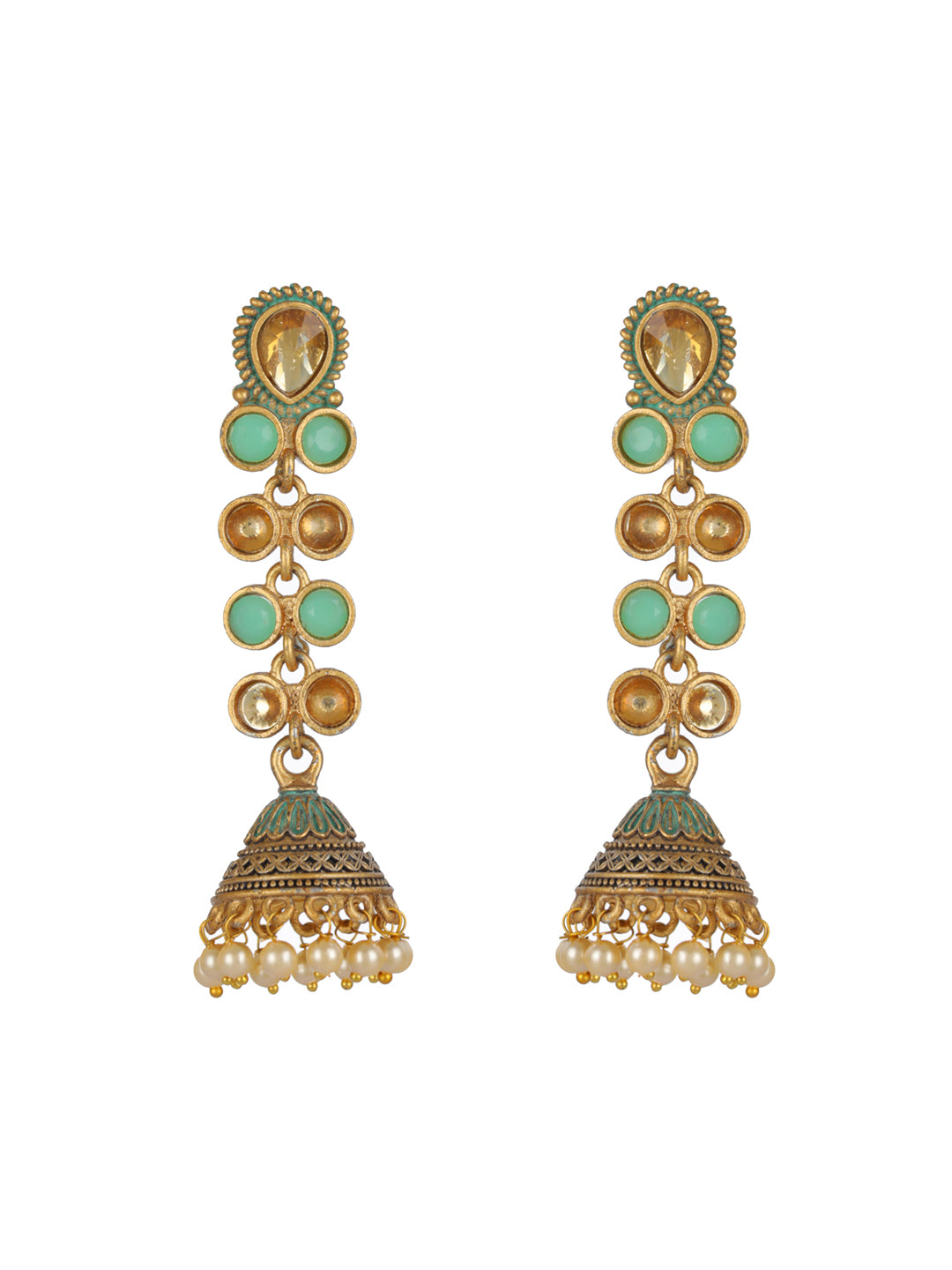 Priyaasi Studded Mint Green Gold-Plated Jhumka Earrings