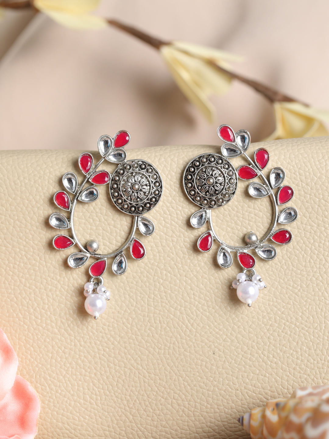 Priyaasi Studded Red Floral Oxidised Silver Earrings