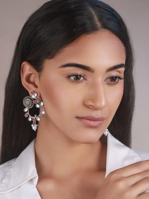 Priyaasi Studded Red Floral Oxidised Silver Earrings