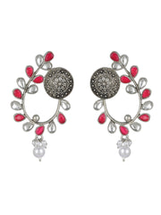Priyaasi Studded Red Floral Oxidised Silver Earrings