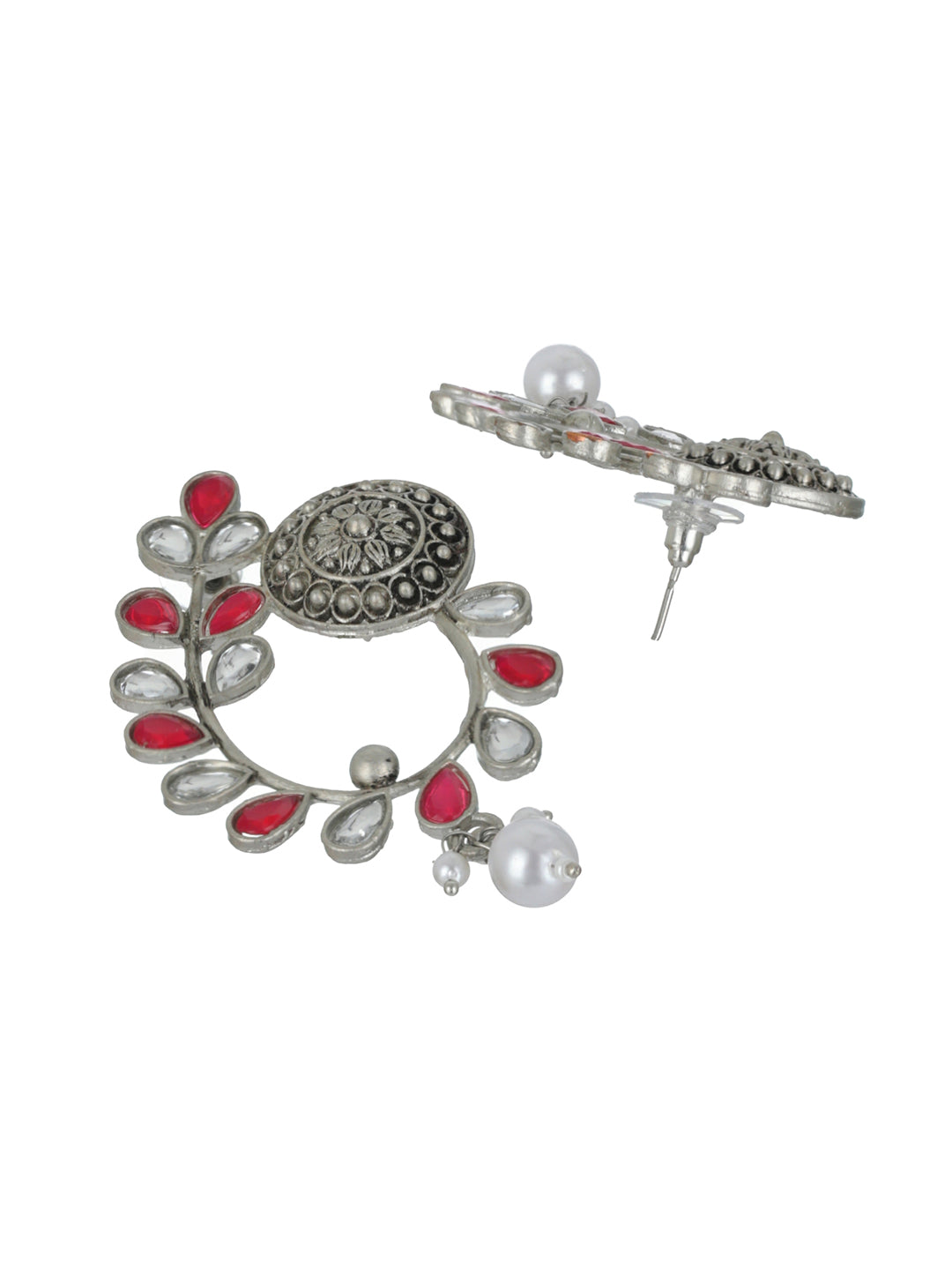 Priyaasi Studded Red Floral Oxidised Silver Earrings