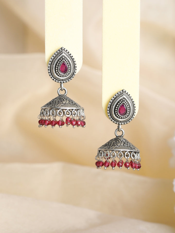Priyaasi Red Studded Floral Oxidised Silver Jhumka Earrings