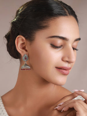 Priyaasi Red Studded Floral Oxidised Silver Jhumka Earrings