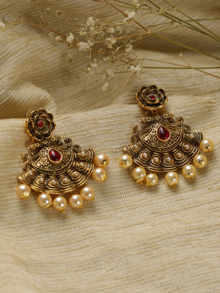 Priyaasi Red Floral Pearl Gold-Plated Drop Earrings