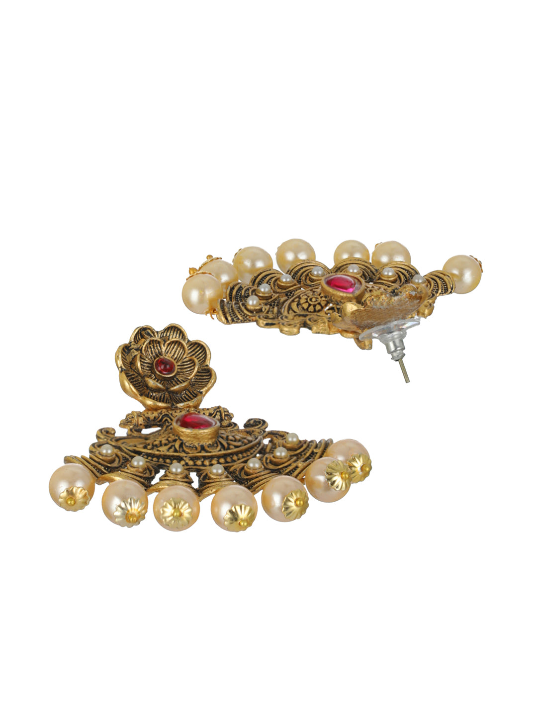 Priyaasi Red Floral Pearl Gold-Plated Drop Earrings
