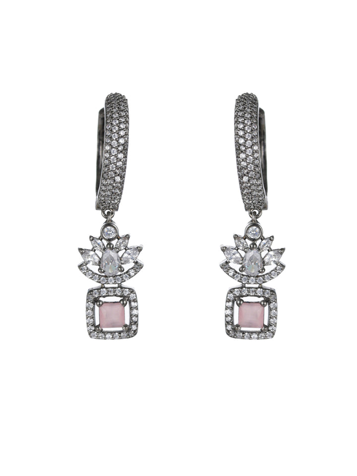 Priyaasi Pink Leaf Block AD Gunmetal-Plated Drop Earrings