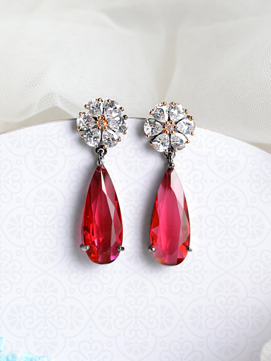 Priyaasi Pink Floral AD Silver-Plated Drop Earrings