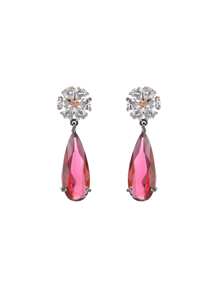 Priyaasi Pink Floral AD Silver-Plated Drop Earrings