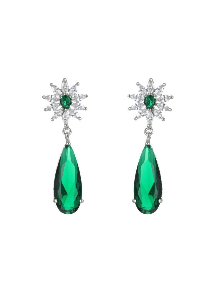 Priyaasi Green Floral AD Silver-Plated Drop Earrings