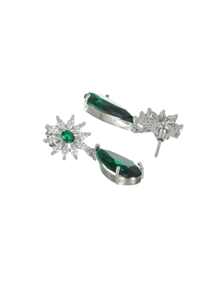 Priyaasi Green Floral AD Silver-Plated Drop Earrings