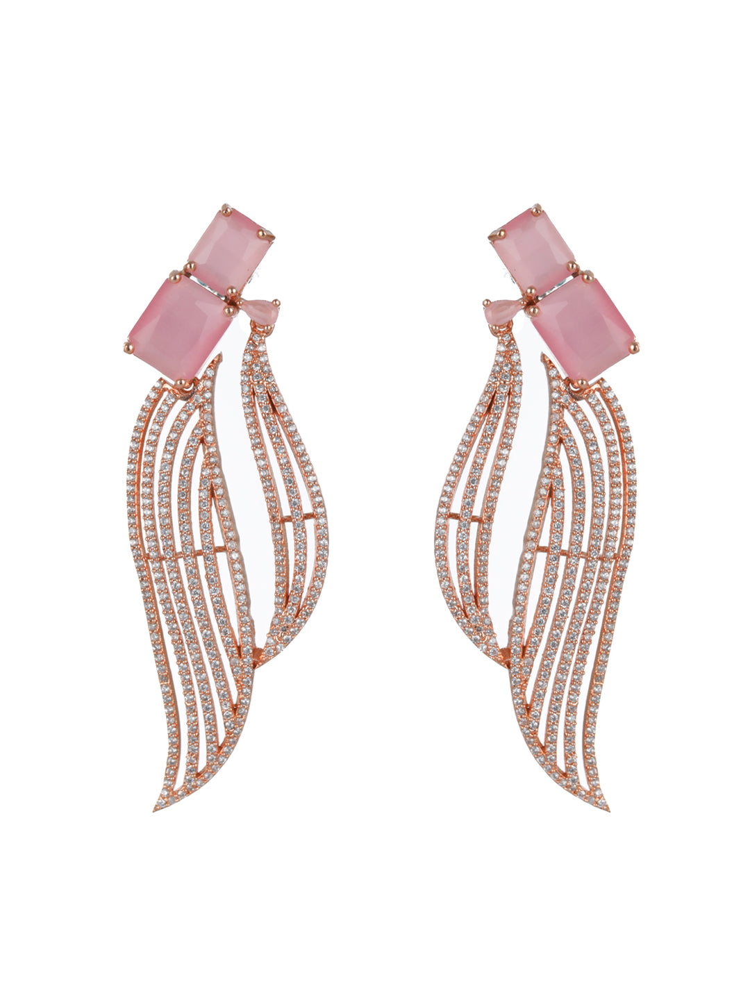 Priyaasi Pink Block Leaf Wave AD Rose Gold-Plated Earrings