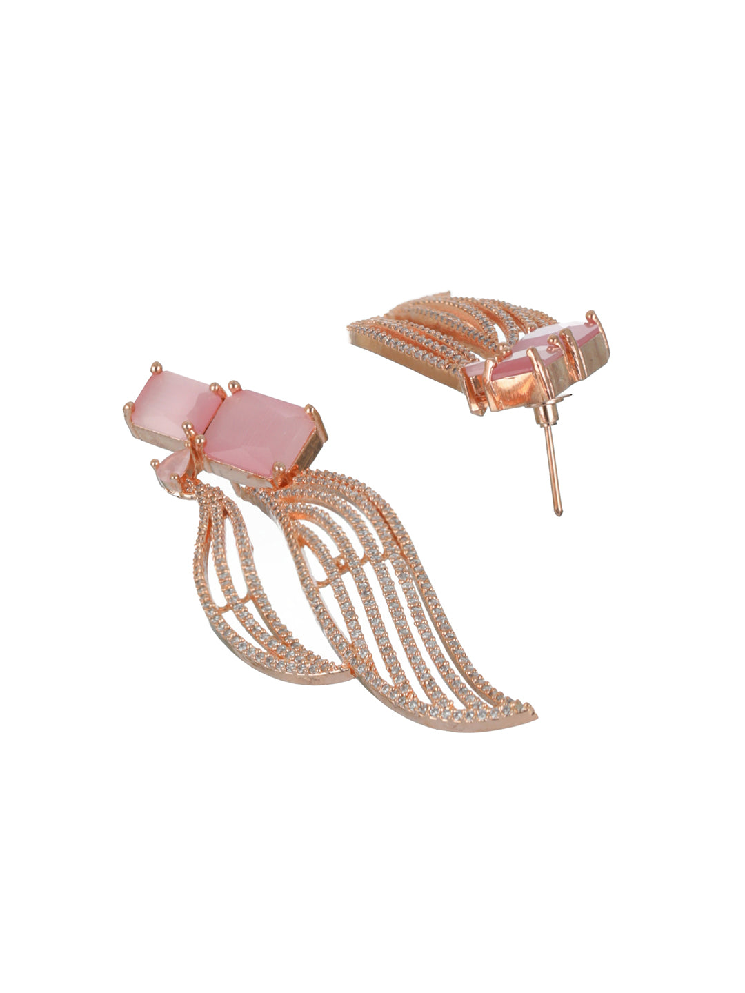 Priyaasi Pink Block Leaf Wave AD Rose Gold-Plated Earrings