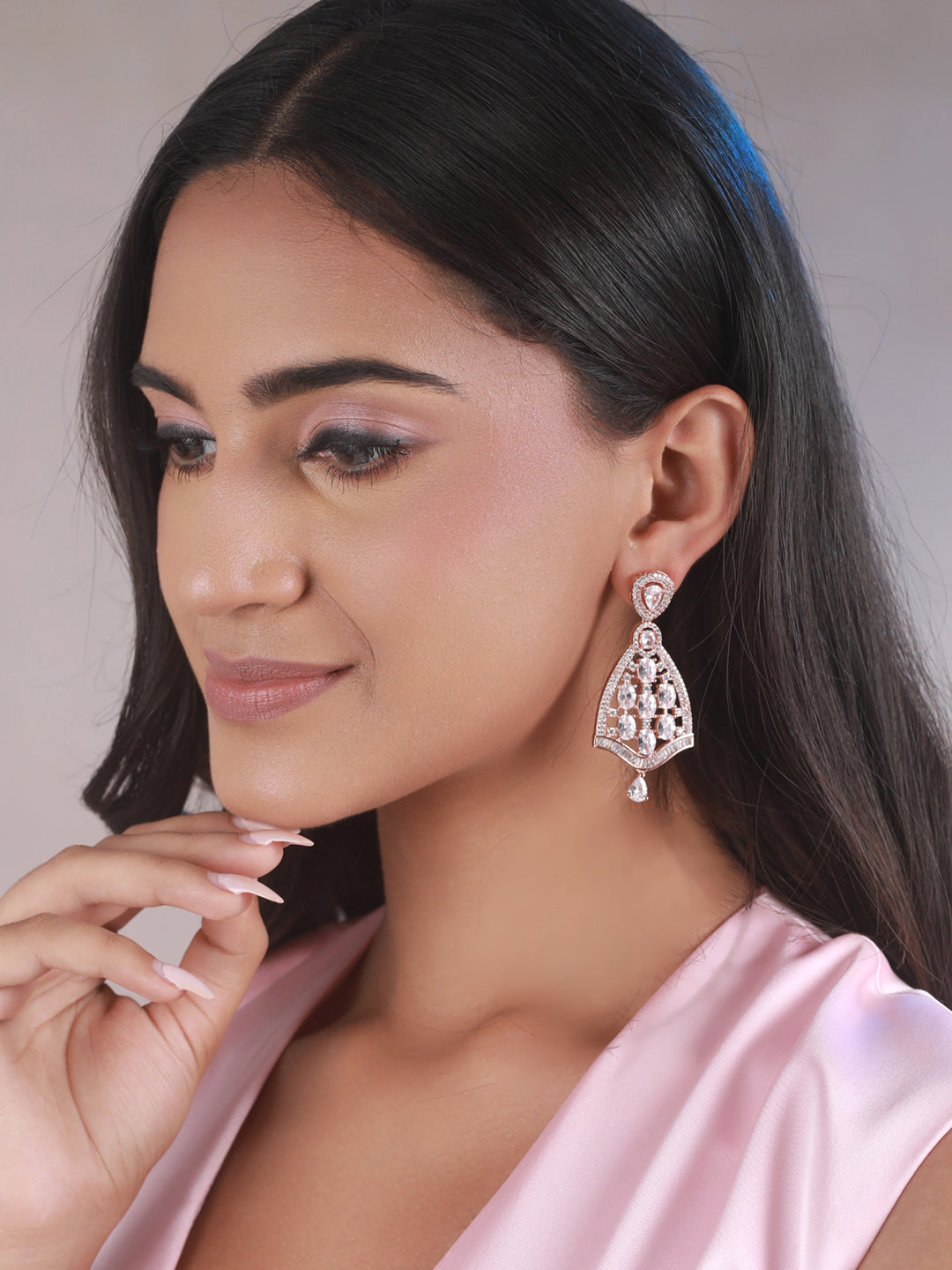 Priyaasi Elegant Floral AD Rose Gold-Plated Drop Earrings