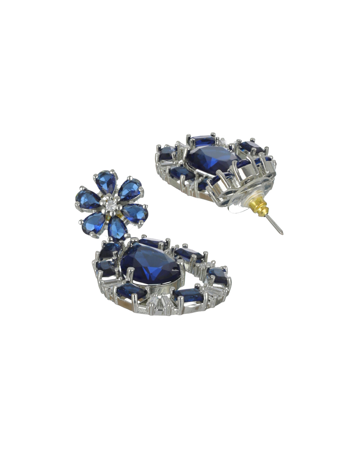 Priyaasi Blue Floral Pear AD Silver-Plated Drop Earrings