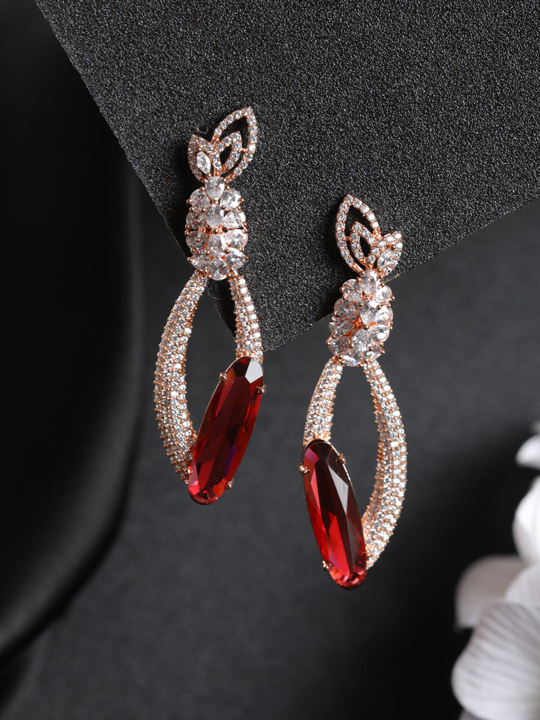 Priyaasi Wine-Toned Floral Leaf AD Rose Gold-Plated Earrings