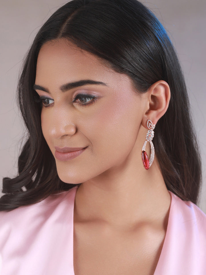 Priyaasi Wine-Toned Floral Leaf AD Rose Gold-Plated Earrings