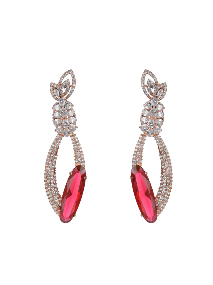 Priyaasi Wine-Toned Floral Leaf AD Rose Gold-Plated Earrings