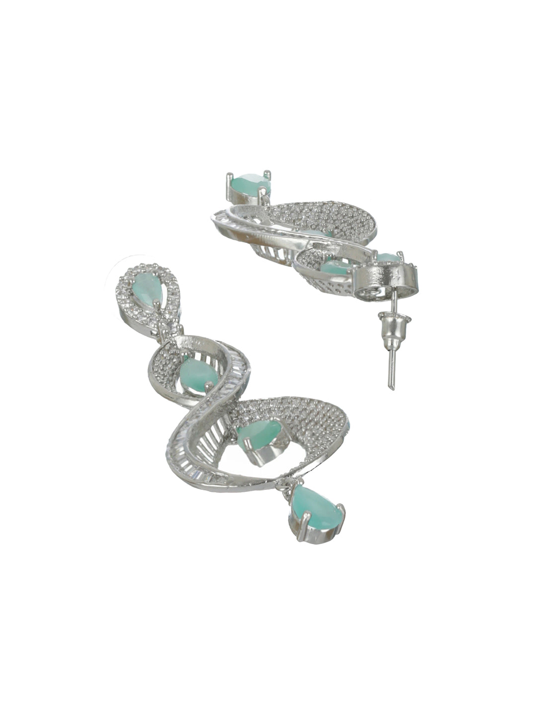 Priyaasi Mint Green Twisted AD Silver-Plated Drop Earrings