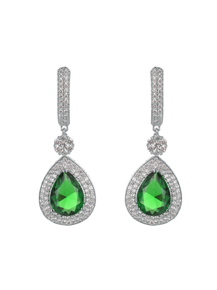 Priyaasi Green American Diamond Silver-Plated Pear Drop Earrings