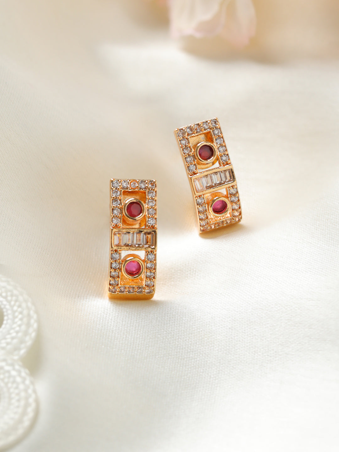 Priyaasi Pink Long Block AD Rose Gold-Plated Stud Earrings
