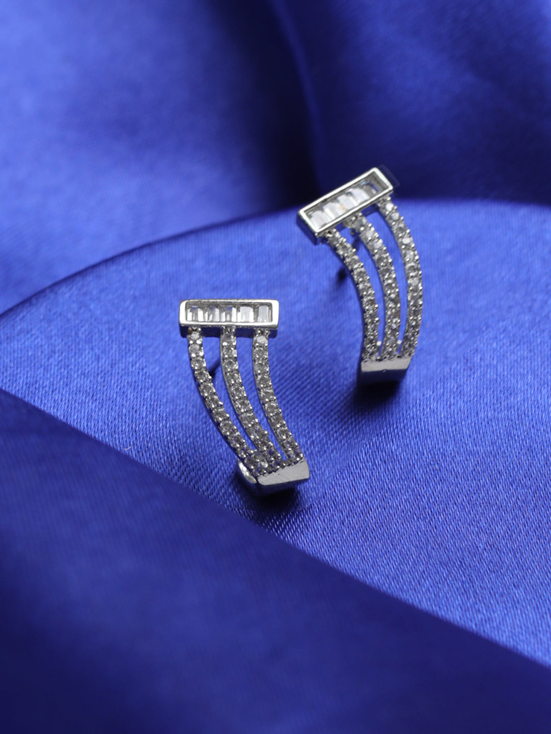 Priyaasi Striped American Diamond Silver-Plated Stud Earrings