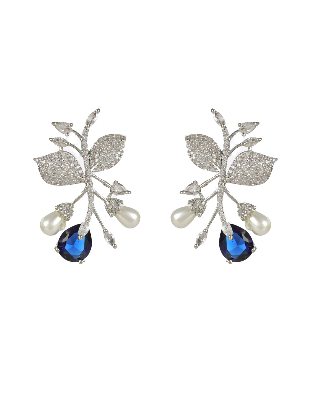 Priyaasi Blue Floral Leaf Pearl AD Silver Plated Drop Earrings