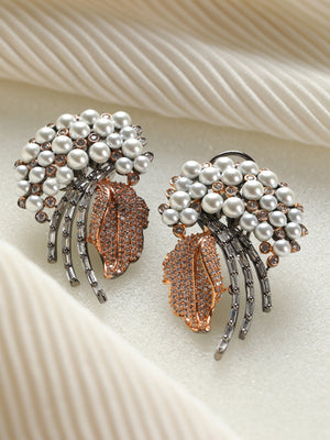 Priyaasi Leaf Pearl AD Rose Gold Gunmetal Plated Drop Earrings