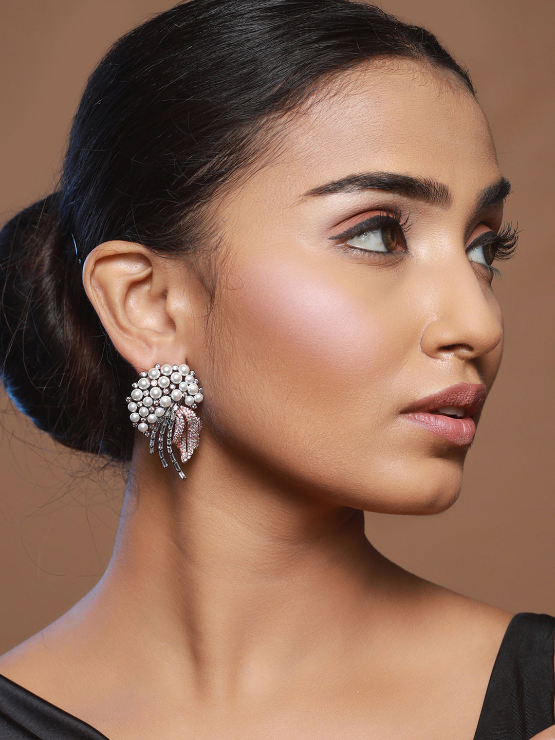 Priyaasi Leaf Pearl AD Rose Gold Gunmetal Plated Drop Earrings