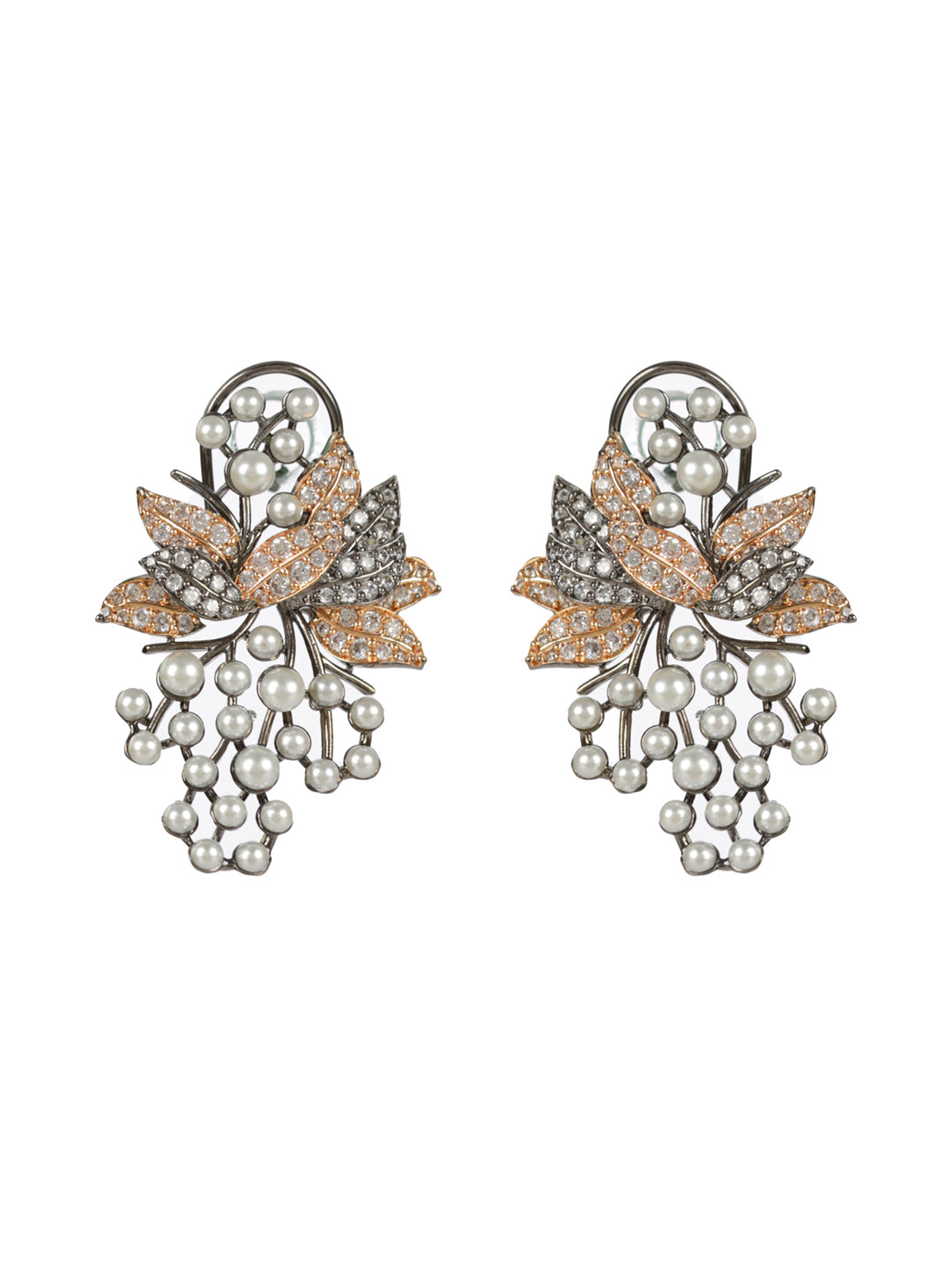 Priyaasi Studded Leaf Rose Gold Gunmetal-Plated Drop Earrings