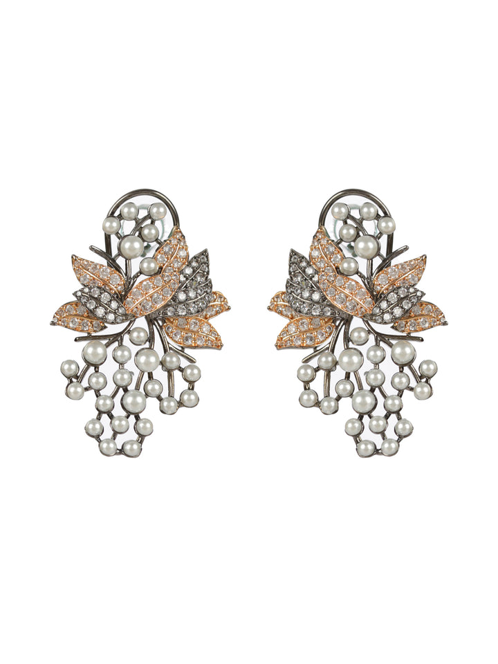 Priyaasi Studded Leaf Rose Gold Gunmetal-Plated Drop Earrings