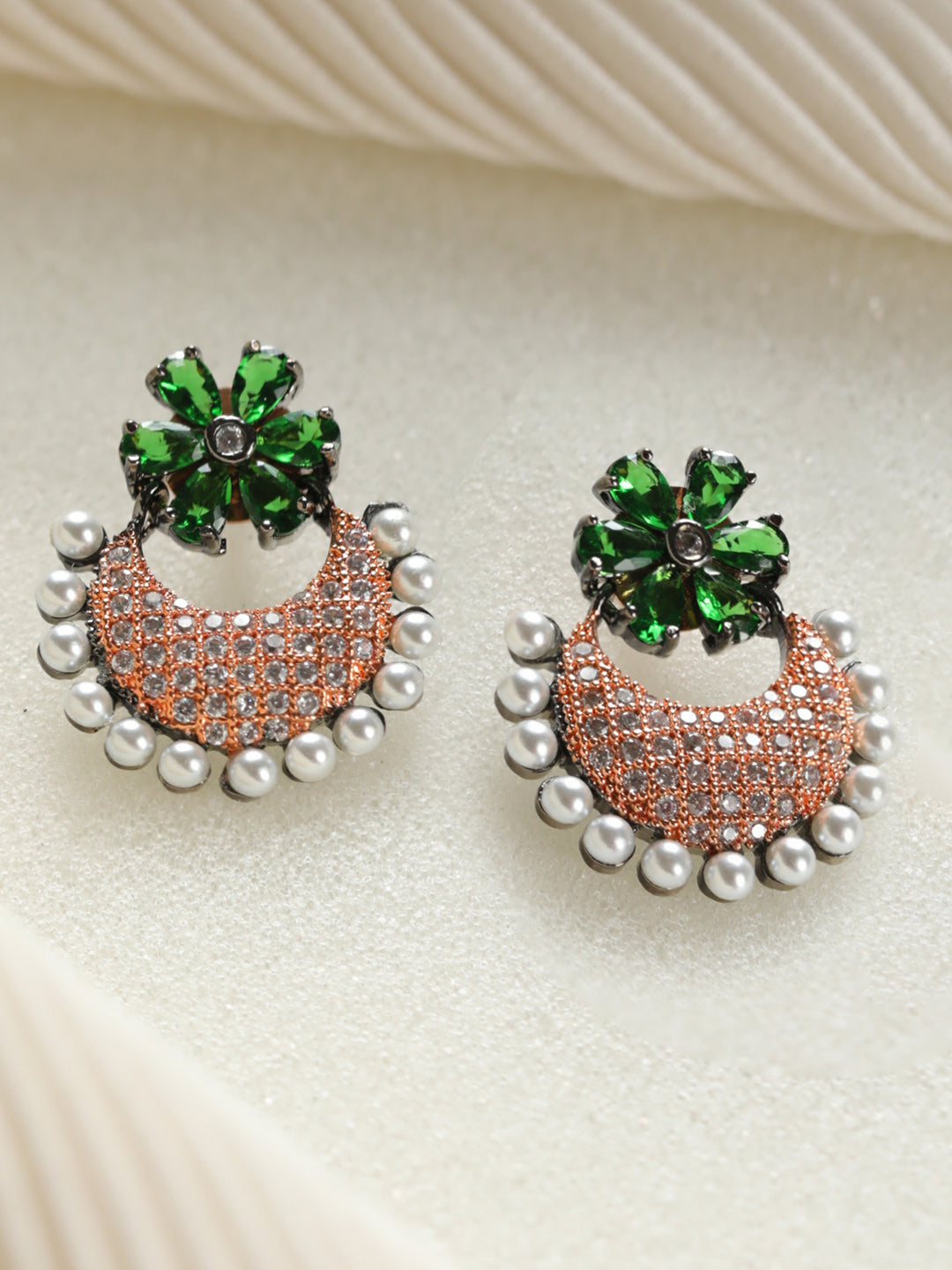 Priyaasi Green Floral AD Rose Gold-Plated Chandabli Earrings
