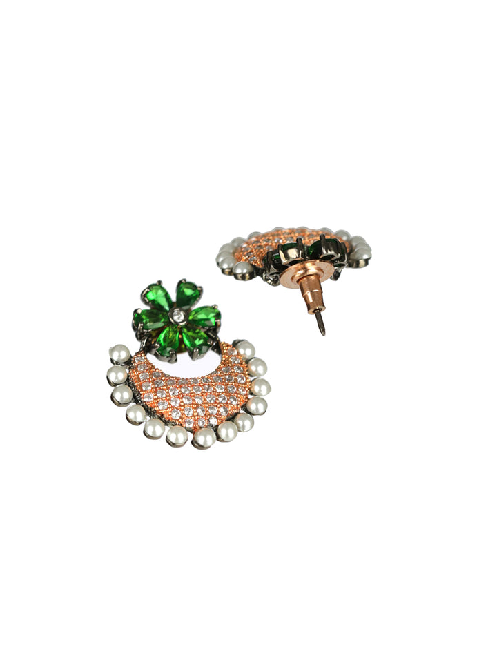Priyaasi Green Floral AD Rose Gold-Plated Chandabli Earrings