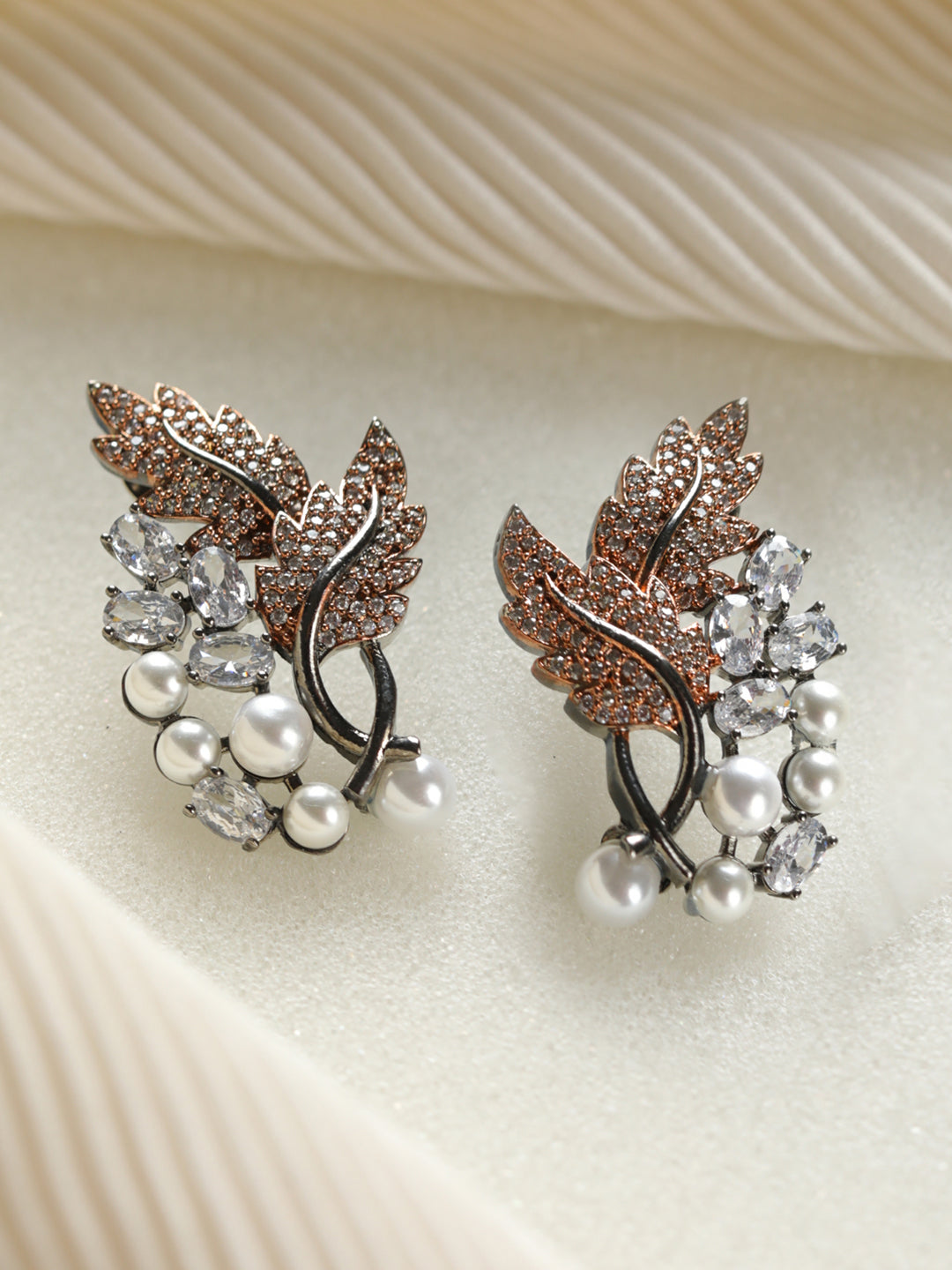 Priyaasi Leaf Pearl AD Rose Gold Gunmetal Plated Earrings