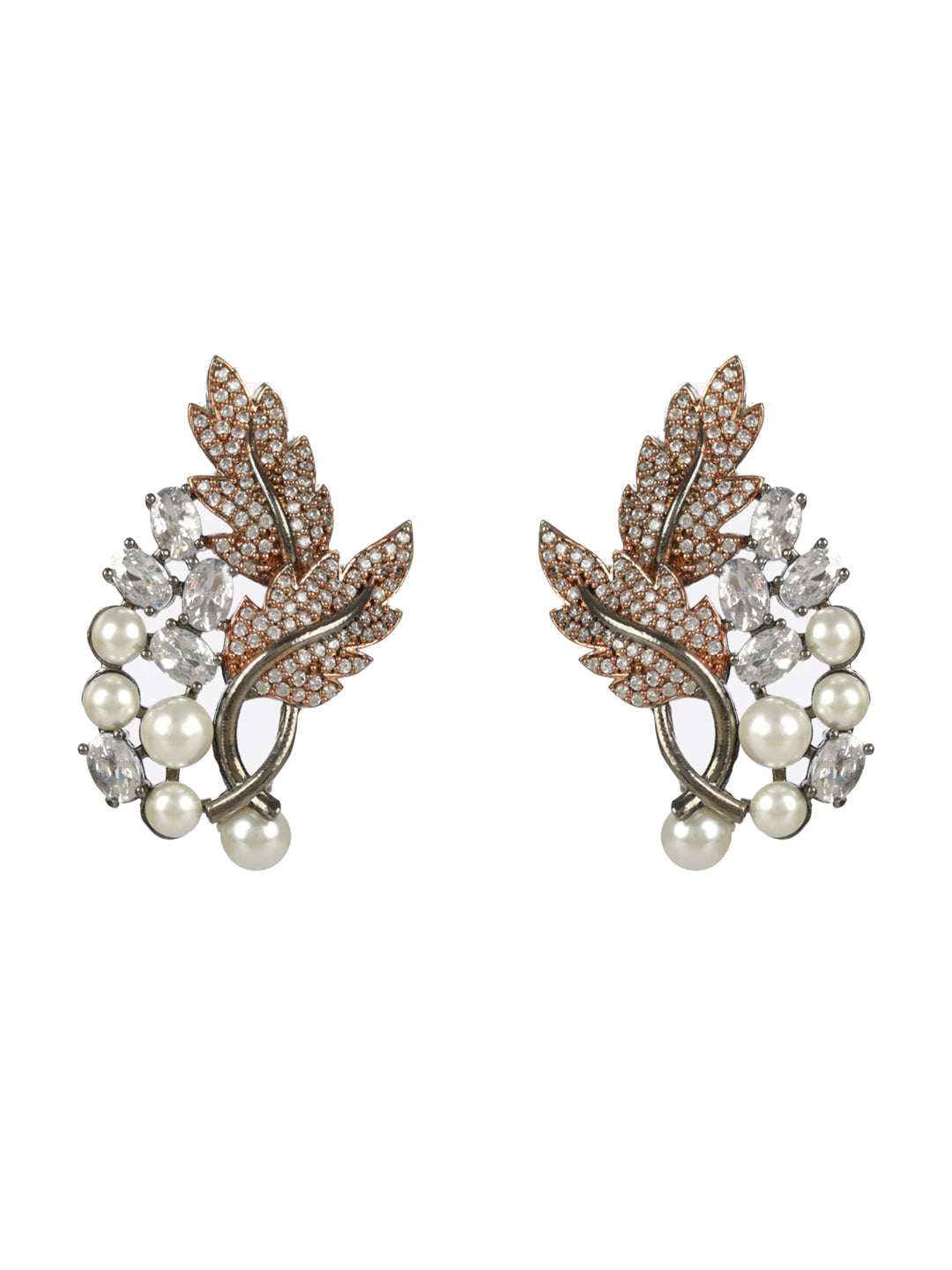 Priyaasi Leaf Pearl AD Rose Gold Gunmetal Plated Earrings