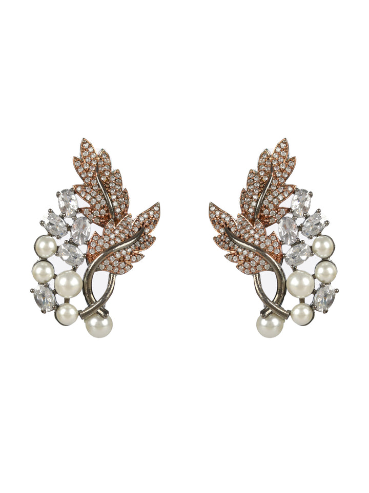 Priyaasi Leaf Pearl AD Rose Gold Gunmetal Plated Earrings