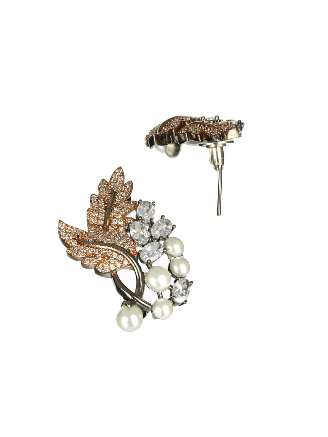 Priyaasi Leaf Pearl AD Rose Gold Gunmetal Plated Earrings